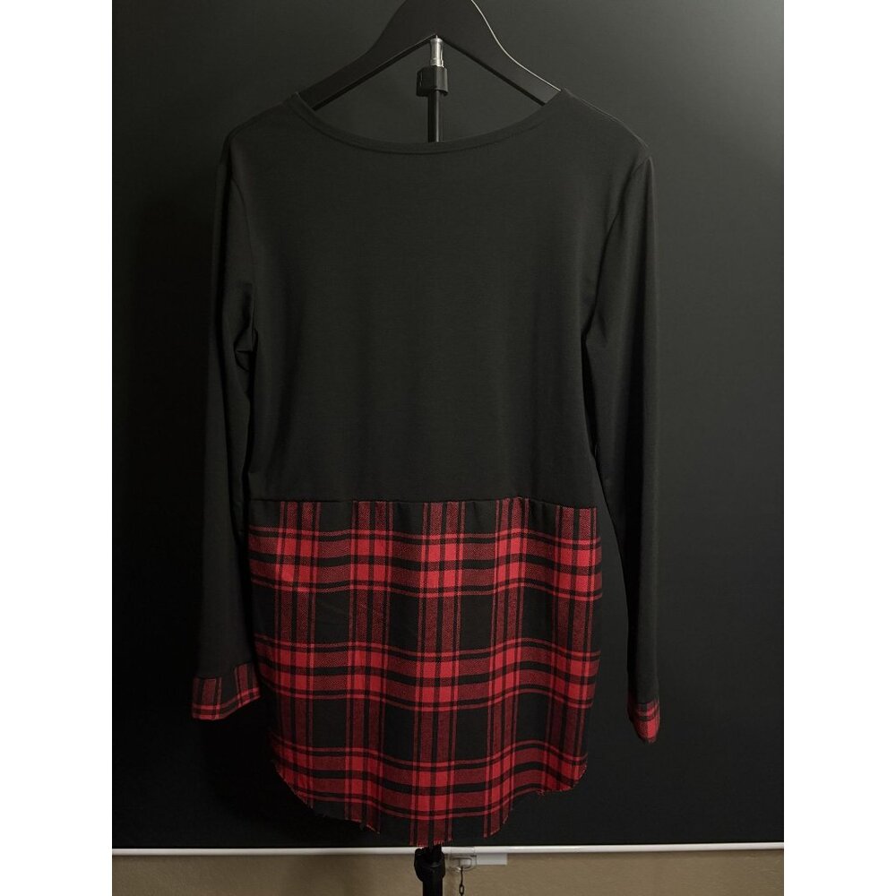 Black Long Sleeve Tunic Top Red Buffalo Plaid Cuff Hemline Round Neckline Large - Picture 3 of 10